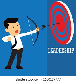 businessman aiming bow with arrow to target board as symbol of  business target. vector illustration