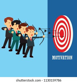 businessman aiming bow with arrow to target board as symbol of  business target. vector illustration