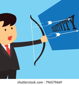 businessman aiming bow with arrow to target board as symbol of  business goal. vector illustration