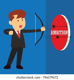 businessman aiming bow with arrow to target board as symbol of  business goal. vector illustration