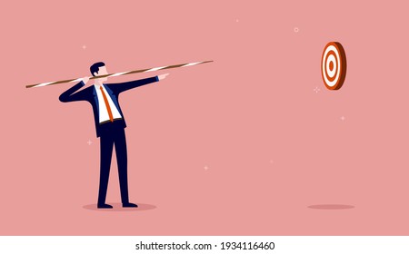 Businessman aiming for bullseye Business practice and concentration concept. Vector illustration.