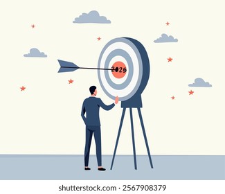 businessman aiming at a dartboard with "2025" in the bullseye, symbolizing future goals and strategic planning. Flat design with clouds and stars in the background