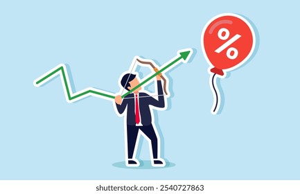 businessman aiming at a discount balloon using a green chart, illustration of marketing strategy targeting discounts and price promotions