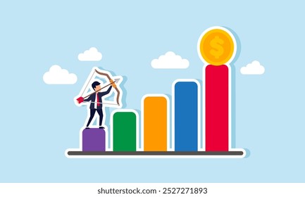 A businessman is aiming at a dollar coin positioned at the peak of a chart, illustrating the goal of targeting a specific dollar collection price for future all-time highs.
