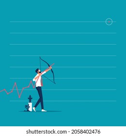 Businessman aiming growth arrow graph to target, achievement goals with strategy and focus on graph data and analysis, Hit business targets concept