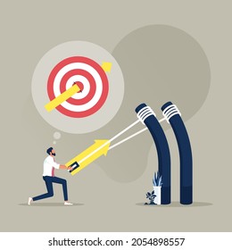 Businessman aiming high target with a big catapult, bullseye target to win in business strategy, Business target achievement and goal concept