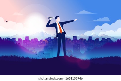 Businessman aiming with paper plane. Man holding a paper plane in front of cityscape with sunrise. Executive putting plan into effect, forward thinking, launch concept. Illustration.