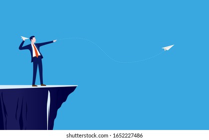 Businessman aiming paper plane. Man holding a paper plane on cliff edge. Executive putting business plan into effect, leadership, excitement, launch concept. Vector illustration.