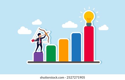 A businessman is aiming at a shining light at the peak of a chart, illustrating the proposal of ideas and innovations with hopes they will be executed within the company.