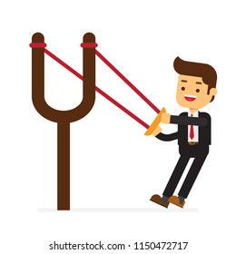 Businessman aiming with a slingshot