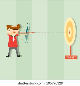 businessman aiming at success point with bow and arrow 