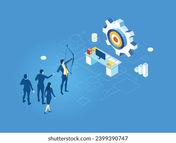 Businessman aiming a target with arrow, business team are watching and supporting him. Isometric illustration 