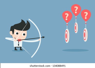 businessman aiming at target with bow and arrow