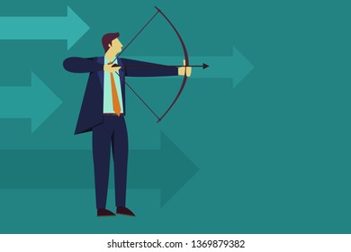 Businessman aiming target with bow and arrow