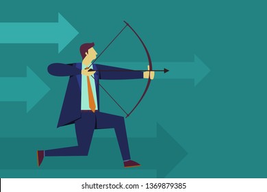 Businessman aiming target with bow and arrow