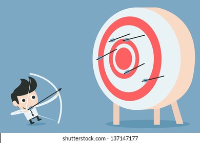 businessman aiming at target with bow and arrow, vector