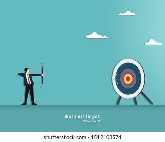 Businessman aiming target with bow and arrow. Many arrows missed hitting target mark. Multiple failed inaccurate attempts to hit archery target. Vector illustration flat design