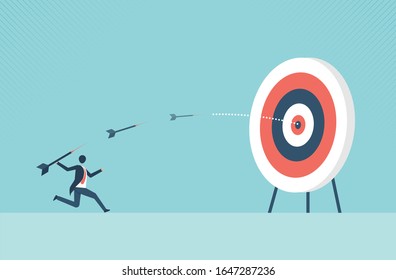 Businessman aiming target with bow and arrow. Business concept. Symbol of business goals, aims, mission, opportunity and challenge. vector design.