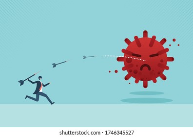 Businessman aiming target with bow and arrow to kill Coronavirus or COVID-19 because business goals, aims, mission, opportunity and challenge. vector design.