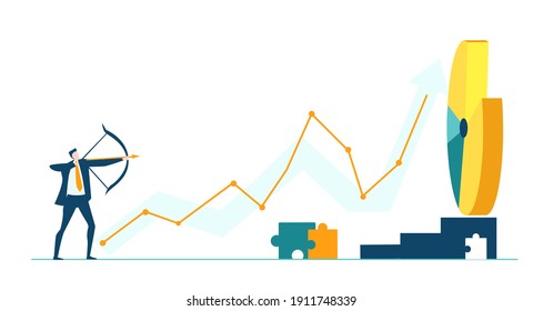 Businessman aiming at target with bow and arrow, business concept illustration, working together, winning and achievers idea 