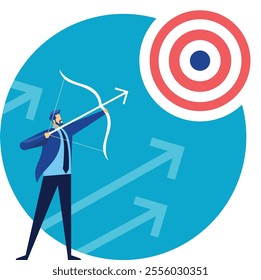 Businessman is aiming at target with bow and arrow, symbolizing achieving business goals, focus, strategy, and success in competitive environment with growth arrows in background