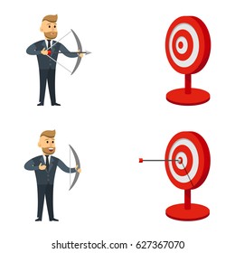 Businessman aiming target with bow and arrow. Business navigation illustration. Business concept. Business strategy concept. Win and success business concept.