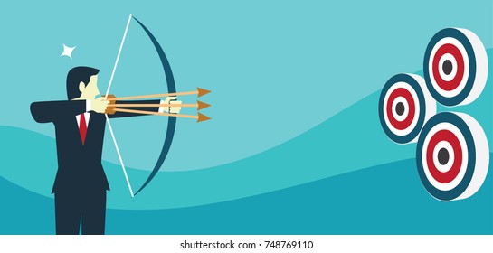 Businessman aiming target with bow and arrow