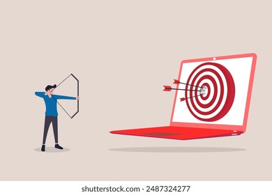 Businessman aiming target. concept of start up banner with arrows, target and laptop