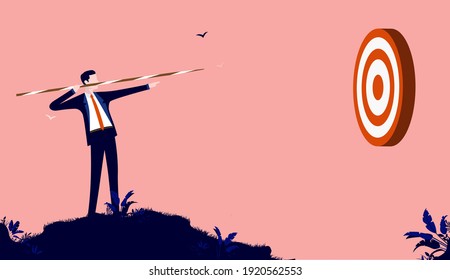 Businessman aiming at target - Man ready to throw spear. Business determination concept. Vector illustration.