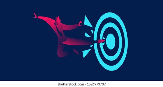 Businessman aiming the target, reaching the goal concept in red and blue neon gradients