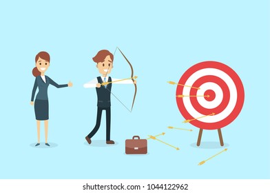 Businessman aiming in target and shooting with arrow.