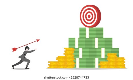 Um homem de negócios mirando e jogando uma flecha em um alvo de negócios na pilha de dinheiro. Foco, determinação em alcançar sucesso e metas corporativas. Ambição de negócios e conceito de planejamento estratégico.