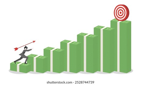 Um homem de negócios mirando e atirando uma flecha a um alvo de negócios na pilha de notas no gráfico acima. Foco, determinação em alcançar sucesso e metas corporativas. Ambição de negócios e planejamento estratégico.