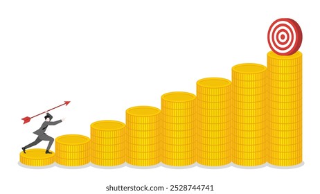 Um homem de negócios mirando e jogando uma seta para um alvo de negócios em moedas pilha no gráfico acima. Foco, determinação em alcançar sucesso e metas corporativas. Ambição de negócios e planejamento estratégico.