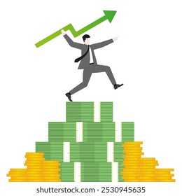 Um empresário mirando e jogando uma flecha verde como um dardo na pilha de dinheiro. Crescimento, investimento, sucesso financeiro, ambição de negócios, oportunidade de mercado, meta e estratégia de riqueza.