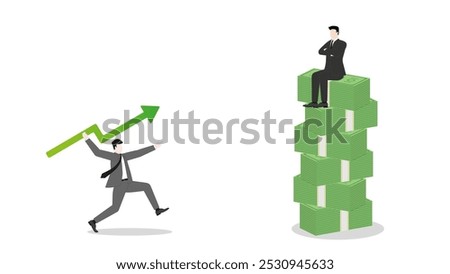 A businessman aiming and throwing a green arrow like a javelin to a rival sitting on banknote stack. Competition, investment, financial success, business ambition, market opportunity, and target goal.