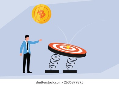 businessman aims a Bitcoin coin towards a target on springs, symbolizing aiming for cryptocurrency investment goals and market volatility