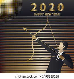 Businessman aims from a bow at a target - decorative numbers - illustration, vector. Black gold abstract design for greeting happy new year 2020.