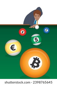 businessman aims to shoot billiard balls with different currency symbols on billiard table isolated on a white background svg