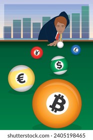 businessman aims to shoot billiard balls with different currency symbols on billiard table with bar graph in the background svg