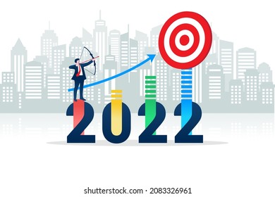 a businessman aims at target on 2022 with an arrow with a city view in the background.