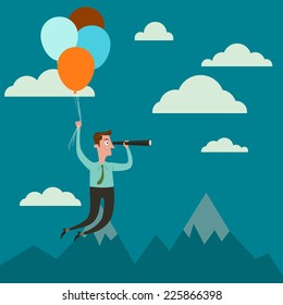 Businessman with air balloons up high looking with telescope.