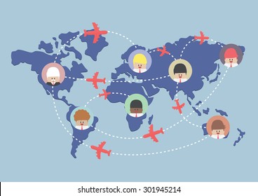 Businessman and airplane routes on world map, VECTOR, EPS10