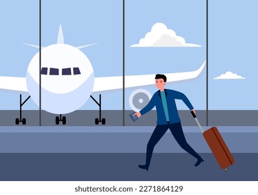 Businessman at the airport with luggage in flat design.