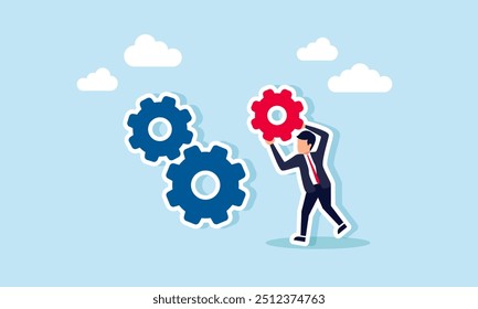 Um homem de negócios alinhando engrenagens para garantir que tudo funcione corretamente, Ilustração conceito de Projetar um sistema de negócios para a eficácia ideal