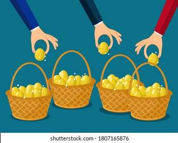  A businessman allocates more than one egg in one basket. Business distribution concept