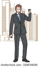 Businessman in an ambitious pose. Buildings in the background.
