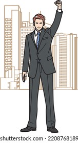 Businessman in an ambitious pose. Buildings in the background.