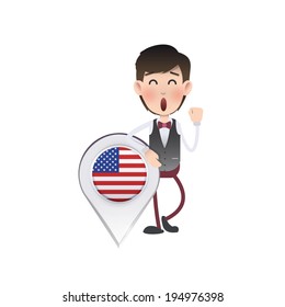 Businessman with American pointer over white background