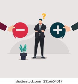 Businessman among negative and positive input opinions vector illustration
